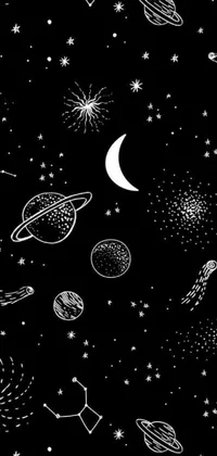 This amazing live wallpaper features a stunning black and white drawing of planets and stars in a cosmic field