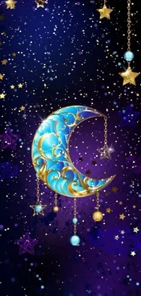 This incredible phone live wallpaper features a breathtaking depiction of a chain-hung moon and stars in radiant hues