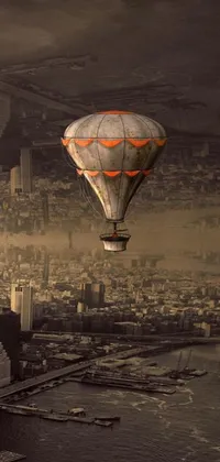 Get swept away by a stunning live wallpaper of a hot air balloon gracefully flying above a city in this surreal digital art