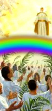 This live wallpaper showcases a group of individuals in golden-white robes standing before a magnificent rainbow