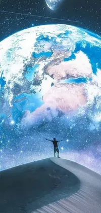This phone live wallpaper showcases a breathtaking snow-covered hill, with a captivating image of planet earth in the foreground, and majestic animal creatures hovering in the background