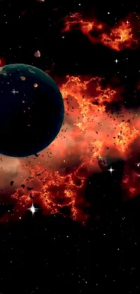 This phone live wallpaper features a stunning digital art image of a fiery and explosive planet in space, surrounded by stars and other vividly colored planets