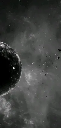 Enhance your phone's visual appeal with this stunning black and white live wallpaper featuring an awe-inspiring image of an object in space amidst an asteroid belt