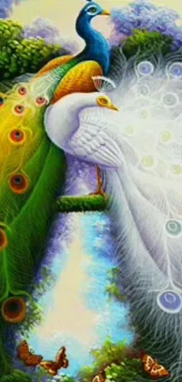 This mesmerizing live wallpaper for your phone features a stunning painting of two peacocks standing side by side