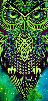 This dynamic live wallpaper features an striking owl perched atop a vibrant and colorful galaxy scene, showcasing trippy psychedelic art and luminescent fabrics