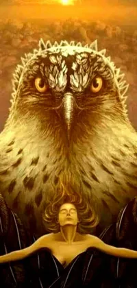 This phone live wallpaper showcases a stunning artwork portraying a woman and an eagle-headed owl, rendered in highly detailed digital art