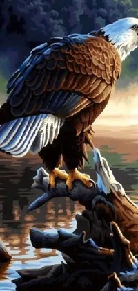 This phone live wallpaper features a detailed painting of a Bald Eagle perched on a tree branch, capturing the majestic beauty of this bird in intricate oil painting detail