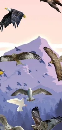 This mobile live wallpaper features a flock of diverse bird species flying before a mountain view