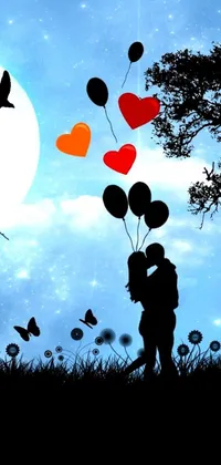 This enchanting live wallpaper features a scene of a couple kissing under a full moon, surrounded by delicate fluttering butterflies and colorful balloons