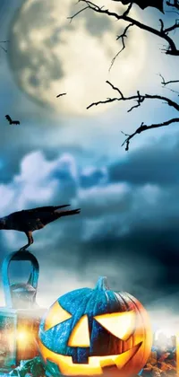 Looking for an eerie and captivating live wallpaper for your phone? Check out this Halloween-themed digital art wallpaper! With a blue and black color scheme, it features a glowing jack-o-lantern and a black crow perched on a tree branch