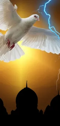 This phone live wallpaper features a beautiful white dove flying over a building with a lightning bolt in the background and a dome-topped edifice in the foreground