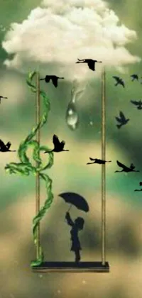 This phone live wallpaper depicts a serene scene of a swing surrounded by birds and rain