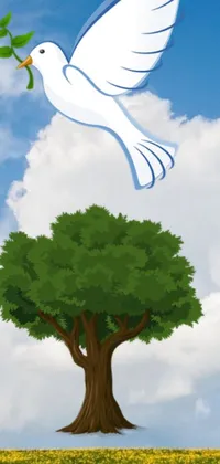 This phone live wallpaper features a stunning white dove soaring effortlessly over a lush tree on a beautiful sunny day