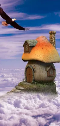Looking for a captivating phone live wallpaper that's sure to fill you with wonder and delight? Look no further than this stunning artwork featuring a charming mushroom house nestled amidst the clouds