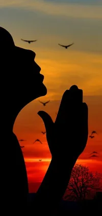 This phone live wallpaper presents a striking view of a person kneeling in prayer with a magnificent sunset in the background