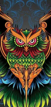This live wallpaper features a colorful owl with detailed wings against a black background
