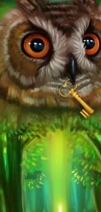 This phone live wallpaper showcases a digital painting of an owl holding a key in its mouth