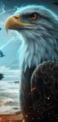 This close up portrait phone live wallpaper features a stunning eagle with lightning in the background