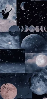 This live wallpaper is a stunning digital art collage of various moon phases, with a galaxy theme and dark aesthetic