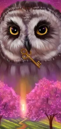 Enhance your Android phone with this mesmerizing live wallpaper of an airbrush-style owl painting! The owl holds a key in its mouth and the artwork features depictions of three spring deities that symbolize the four seasons: a blooming flower for spring, a beaming sun for summer, falling leaves for autumn, and snowflakes for winter