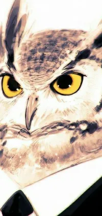 This phone live wallpaper showcases a colorful airbrush painting of an owl dressed in a formal suit and tie