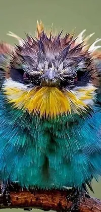 Looking for a vibrant and colorful live wallpaper for your phone? Check out this stunning digital art featuring a furry bird perched on a tree branch! With a close-up view of the bird's face and spiky feathers, this image has a striking snap chat photo filter vibe