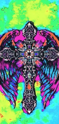 This phone wallpaper features a gothic cross with wings against a psychedelic and colorful backdrop