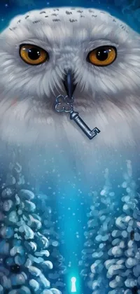 This phone live wallpaper showcases an owl holding a key in its mouth, surrounded by a enchanting magical forest