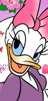 This delightful phone live wallpaper features a cartoon duck with flowers in the background