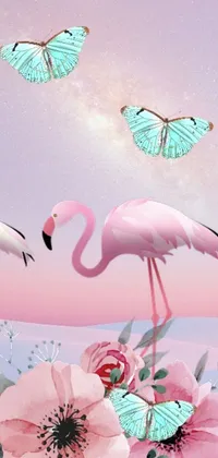 This phone live wallpaper captures the beauty of nature with a group of flamingos standing on a lush green field against a turquoise sky