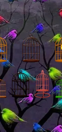 Looking for a captivating live wallpaper for your mobile device? Check out this colorful scene featuring a group of birds perched on a tree in a haunting forest
