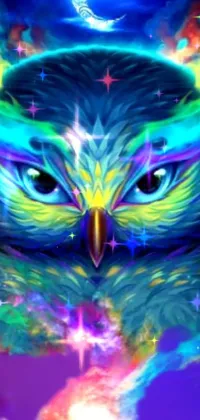 This phone live wallpaper boasts a colorful owl against a full moon with a cosmic backdrop