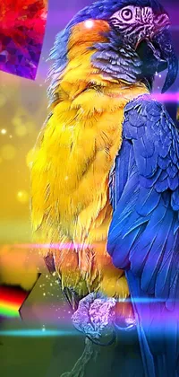 This colorful live wallpaper features a stunning and detailed bird sitting on a tree branch in front of a mesmerizing photorealistic background
