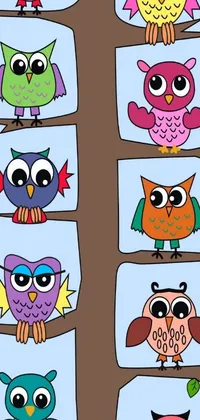 Bring your phone screen to life with an adorable live wallpaper featuring a group of owls perched on a tree branch