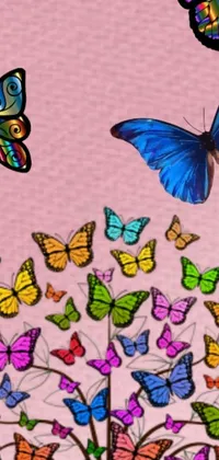 This dynamic phone live wallpaper showcases a colorful group of butterflies in flight around a spectacularly depicted tree