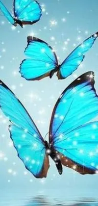 This phone live wallpaper depicts blue butterflies fluttering over a calm body of water