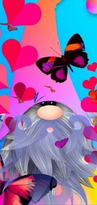 This phone live wallpaper showcases a whimsical and colorful digital art design featuring a gnome wearing a butterfly headpiece, with falling hearts as the background