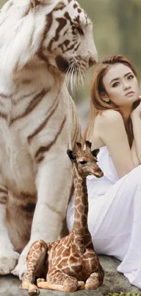 This phone live wallpaper showcases a serene nature scene with a white tiger, giraffe, and baby giraffe