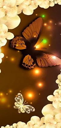This phone live wallpaper features a beautiful butterfly in digital artwork, set against a stunning background of brown and gold neon flowers