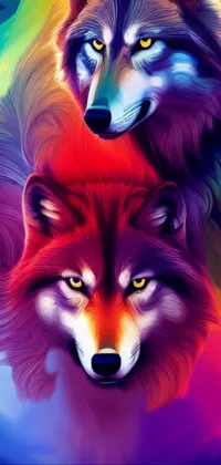 Looking for a captivating phone wallpaper? Check out this vector art illustration of two wolves! The vibrant colors and furry texture make for a beautiful close-up shot that stands out on any screen
