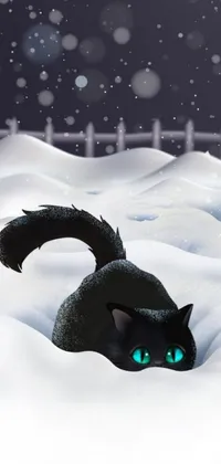 This phone live wallpaper showcases a delightful digital painting of a black cat lounging in the snow