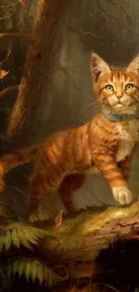 This phone live wallpaper showcases a highly detailed painting of a cat standing on a log in a lush forest