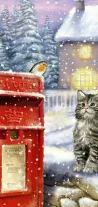 This phone live wallpaper depicts a cat resting beside a red mailbox in a winter setting, with snowflakes falling all around
