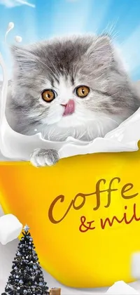 This phone live wallpaper features a charming cat relaxing in a mug of steaming coffee and milk