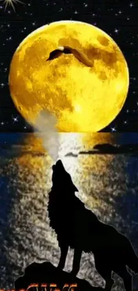 This live wallpaper for phones features a majestic wolf standing on a rocky outcropping under a full moon