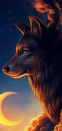 This mobile live wallpaper features a stunning close-up of a wolf's head as it gazes at the full moon in this popular Artstation painting