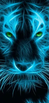 This phone live wallpaper is a digital art masterpiece featuring a glowing blue tiger set against a black background