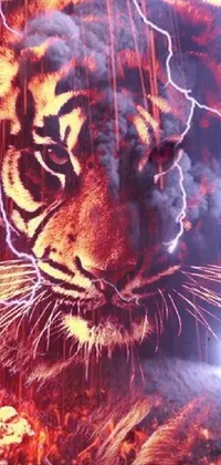 This phone live wallpaper is a close-up of a fierce tiger basked in lightning with a dynamic album cover that's trending on Pexels