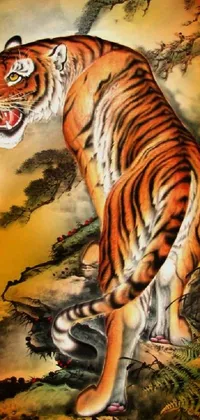 Decorate your phone with an exquisite live wallpaper of a roaring tiger! This amazing work of art depicts a fully grown tiger with an open mouth in intricate traditional Chinese style