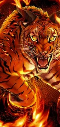 This live wallpaper showcases a fiery tiger in motion on a black background